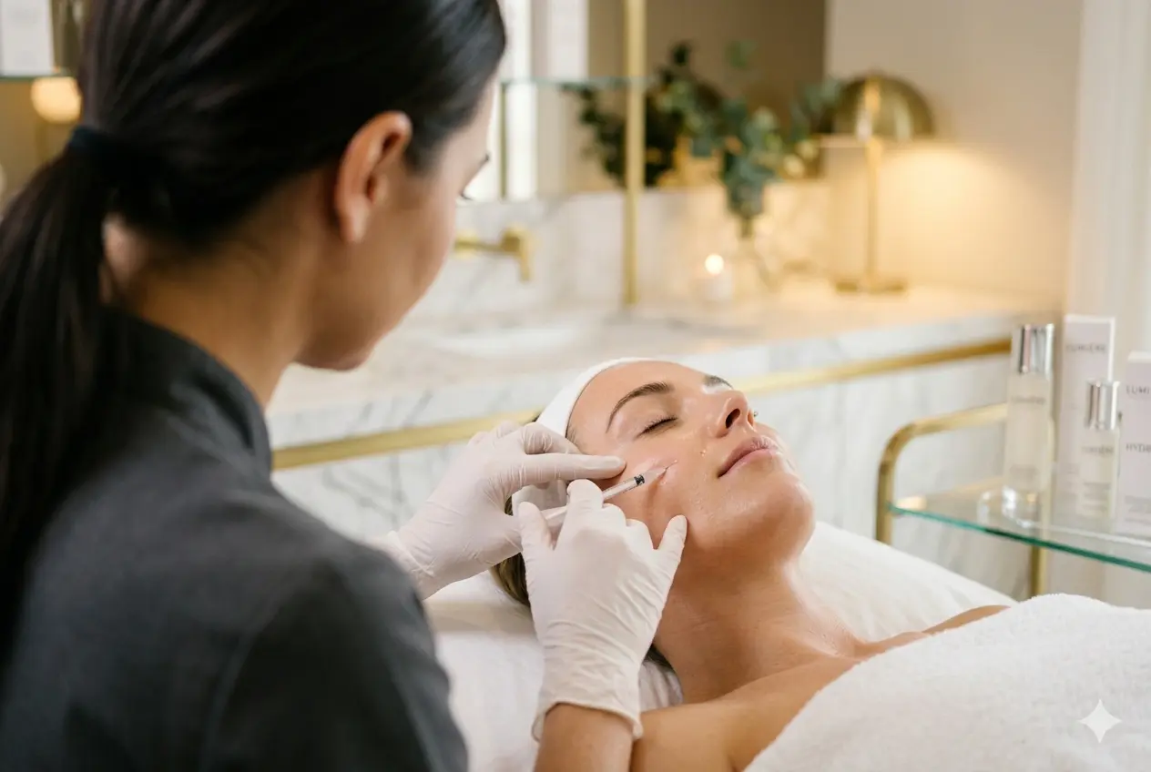 Close-up over-the-shoulder view of a practitioner in a charcoal grey uniform performing an advanced aesthetics facial treatment on a client at The Beautique.