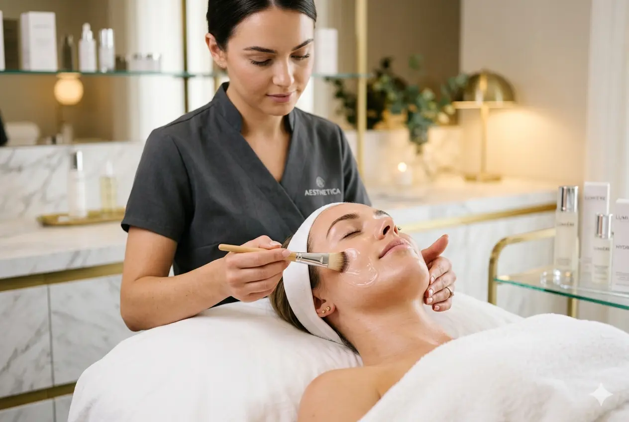 A professional beauty therapist in a charcoal grey uniform applying a luxury facial treatment to a client at The Beautique Salon in West Runton, Norfolk.